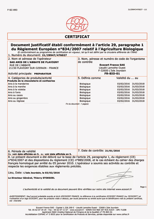 Ecocert-Zertifikate für unsere Bio-Produktlinie (Frankreich).