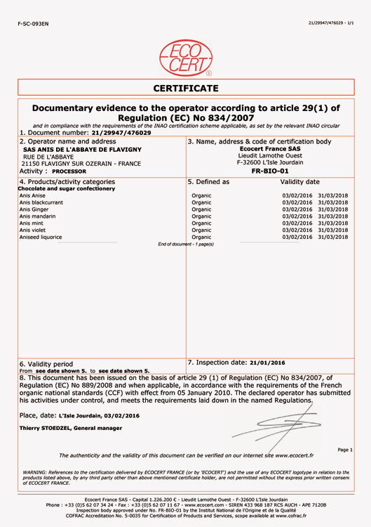 Ecocert-Zertifikate für unsere Bio-Produktlinie (export).
